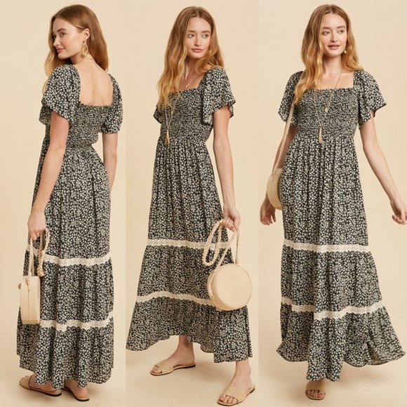 In Loom Dresses & Skirts - NEW Black Ditsy Floral Smock Square Neck Bodice Lace Trim Skirt Boho Maxi Dress